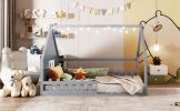 Full Size Wood House Bed with Window and Fence, Gray(Old SKU: WF304147AAE)