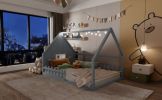 Full Size Wood House Bed with Window and Fence, Gray(Old SKU: WF304147AAE)