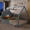 Full Size Wood House Bed with Window and Fence, Gray(Old SKU: WF304147AAE)