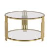 Modern Glass Coffee Table in 31.5", Asymmetrical Metal, Circular Metal Drum Base, Gold Finish & Lower Shelf