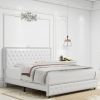 Queen Size Bed Frame with Star Projector Galaxy Light, Adjustable Upholstered Headboard with Diamond Button, USB Charger, Music Speaker, PU Leather