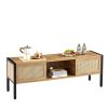 54.33" Rattan TV cabinet with variable color light strip, double sliding doors for storage, adjustable shelf, metal legs, TV console for living room