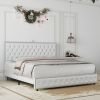 Queen Size Bed Frame with Star Projector Galaxy Light, Adjustable Upholstered Headboard with Diamond Button, USB Charger, Music Speaker, PU Leather