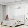 Queen Size Bed Frame with Star Projector Galaxy Light, Adjustable Upholstered Headboard with Diamond Button, USB Charger, Music Speaker, PU Leather