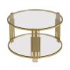 Modern Glass Coffee Table in 31.5", Asymmetrical Metal, Circular Metal Drum Base, Gold Finish & Lower Shelf