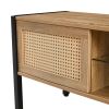 54.33" Rattan TV cabinet with variable color light strip, double sliding doors for storage, adjustable shelf, metal legs, TV console for living room