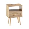 15.75" Rattan End table with Power Outlet & USB Ports , Modern nightstand with drawer and solid wood legs, side table for living room, bedroom,natural