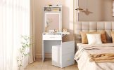Small Vanity Desk with Mirror and Light, Dressing Table with Charging Station & Fold-up Panel for Small Space