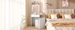 Small Vanity Desk with Mirror and Light, Dressing Table with Charging Station & Fold-up Panel for Small Space