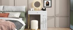 31.5" Makeup Vanity Desk with Lighted Mirror, Luxury Dressing Table with 2 Drawers and 1 Cabinet, 3 Lighting Modes Available for Bedroom, White-Gold