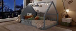 Full Size Wood House Bed with Window and Fence, Gray(Old SKU: WF304147AAE)
