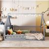 Full Size Wood House Bed with Window and Fence, Gray(Old SKU: WF304147AAE)