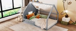 Full Size Wood House Bed with Window and Fence, Gray(Old SKU: WF304147AAE)