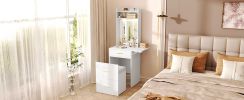 Small Vanity Desk with Mirror and Light, Dressing Table with Charging Station & Fold-up Panel for Small Space