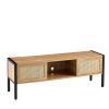 54.33" Rattan TV cabinet with variable color light strip, double sliding doors for storage, adjustable shelf, metal legs, TV console for living room