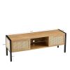 54.33" Rattan TV cabinet with variable color light strip, double sliding doors for storage, adjustable shelf, metal legs, TV console for living room