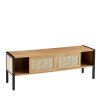 54.33" Rattan TV cabinet with variable color light strip, double sliding doors for storage, adjustable shelf, metal legs, TV console for living room
