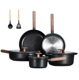 Ceramic Cookware Sets 15 Pcs, Healthy Pots And Pans Set Non Stick, Induction Kitchen Cooking Set With Removable Handles, Stackable Pots Pans, Ove (Color: black)